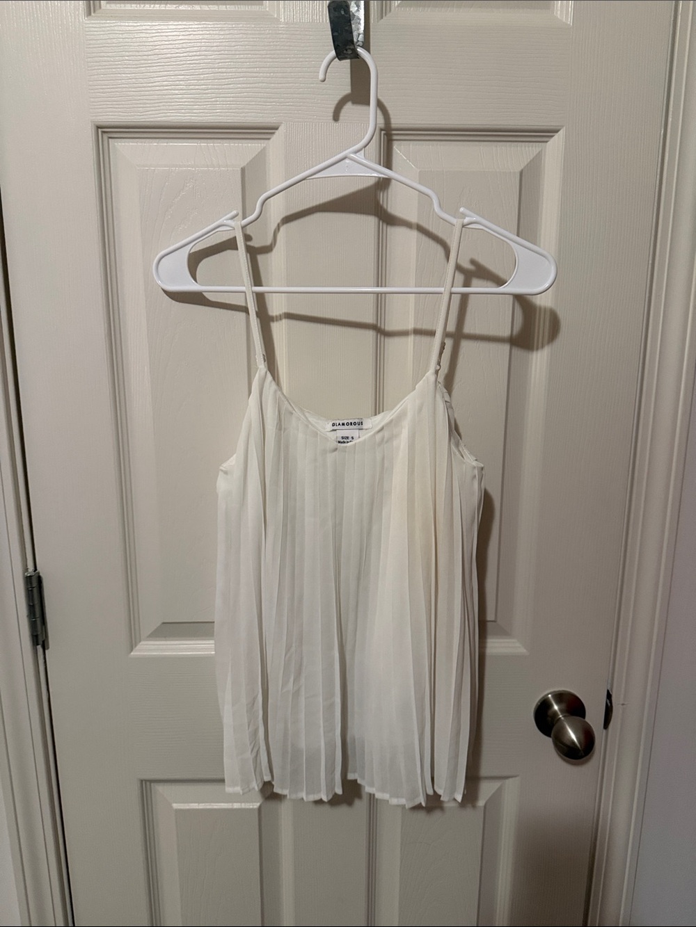Pleated Cream Spaghetti-Strap Tank Top by Glamorous